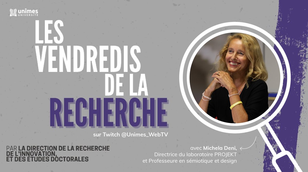 🤩 Le #vendredi c'est #recherche @unimesfr ! 👉 Retrouvez aujourd'hui à 12h30 sur #Twitch, Michela Deni @projektunimes, chercheuse en sémiotique pour un entretien dédié à ses recherches. 📽️ Retrouvez cette diffusion en live et replay sur twitch.tv/unimes_webtv