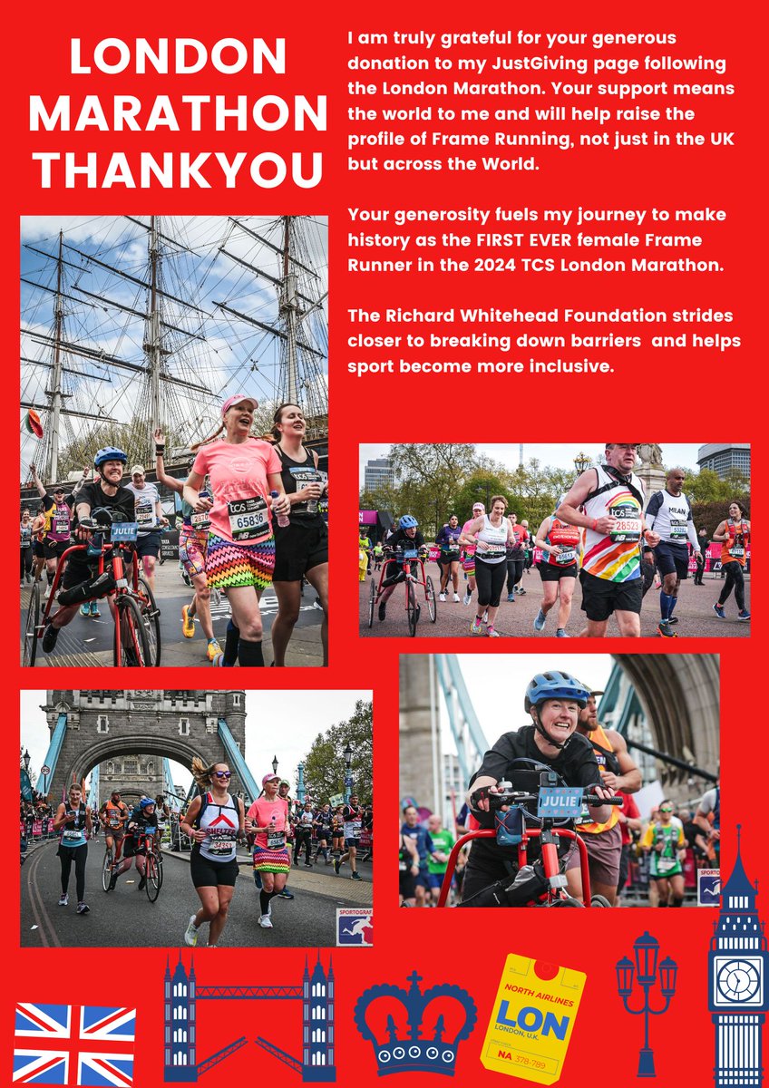 Thank you to Everyone who have donated my @LondonMarathon #FrameRunning #Mission @Whitehead_Found @NissanUK #Adaptivesport #inclusion #disabilityinclusion justgiving.com/page/julie-mce…