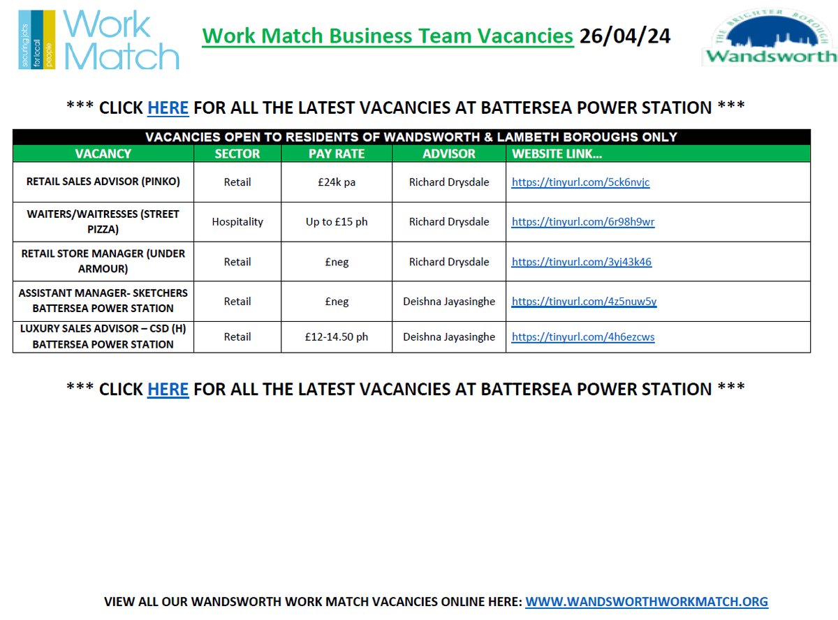 #Friday, We highlight jobs based in Wandsworth, open to #Richmond & #Wandsworth residents #NineElms vacancies are open to @lambeth_council residents⬇️⬇️ For details & to apply➡️bit.ly/3todRCZ #EmployWandsworth #JobFair is on 17th May & open to Wandsworth residents