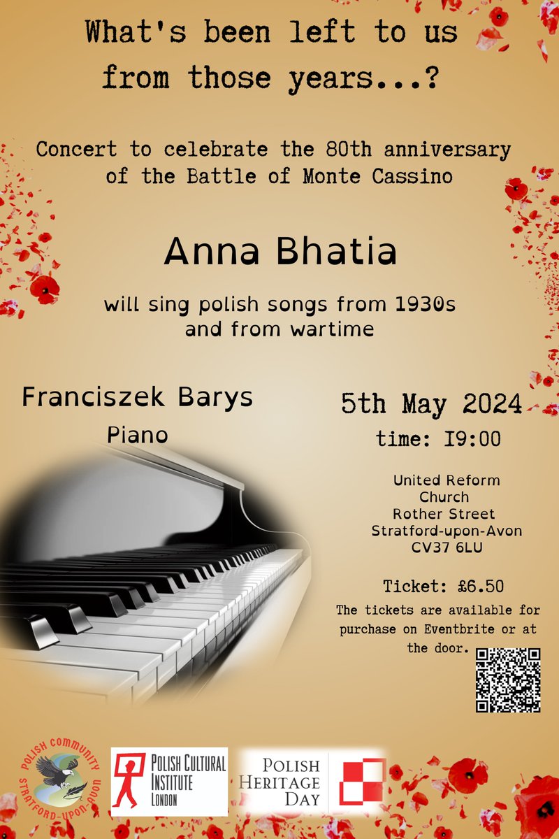 🎼 On the 5th May, 7pm, in Stratford Upon Avon, come along to hear a concert of 1930s & wartime Polish songs to mark the 80th anniversary of the Battle of Monte Cassino. Part of this year's #PolishHeritageDays 🎫 Tickets £6.50, via Eventbite 👉 tinyurl.com/bc53wny6