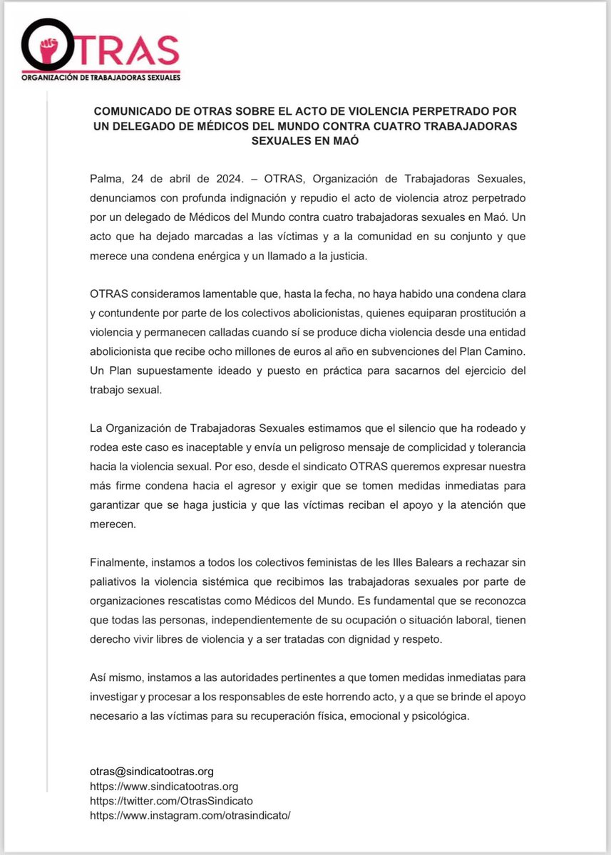 Hemos publicado un comunicado denunciando las violaciones de 4 trabajadoras sexuales por parte del delegado de Menorca de @MedicosdelMundo @MdMIllesBalears y el silencio de partidos como el @psibpsoe y organizaciones como @movfemmallorca