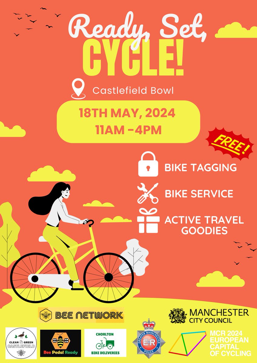 Ready, Set, Cycle 🚲 Join @CGCastlefield and partners for an active travel event. 🗓️Saturday 18 May 2024 ⏰11am - 4pm 📍Castlefield Bowl There will be; 🔒bike tagging 🛠️bike service 🎁active travel goodies #ActiveTravel