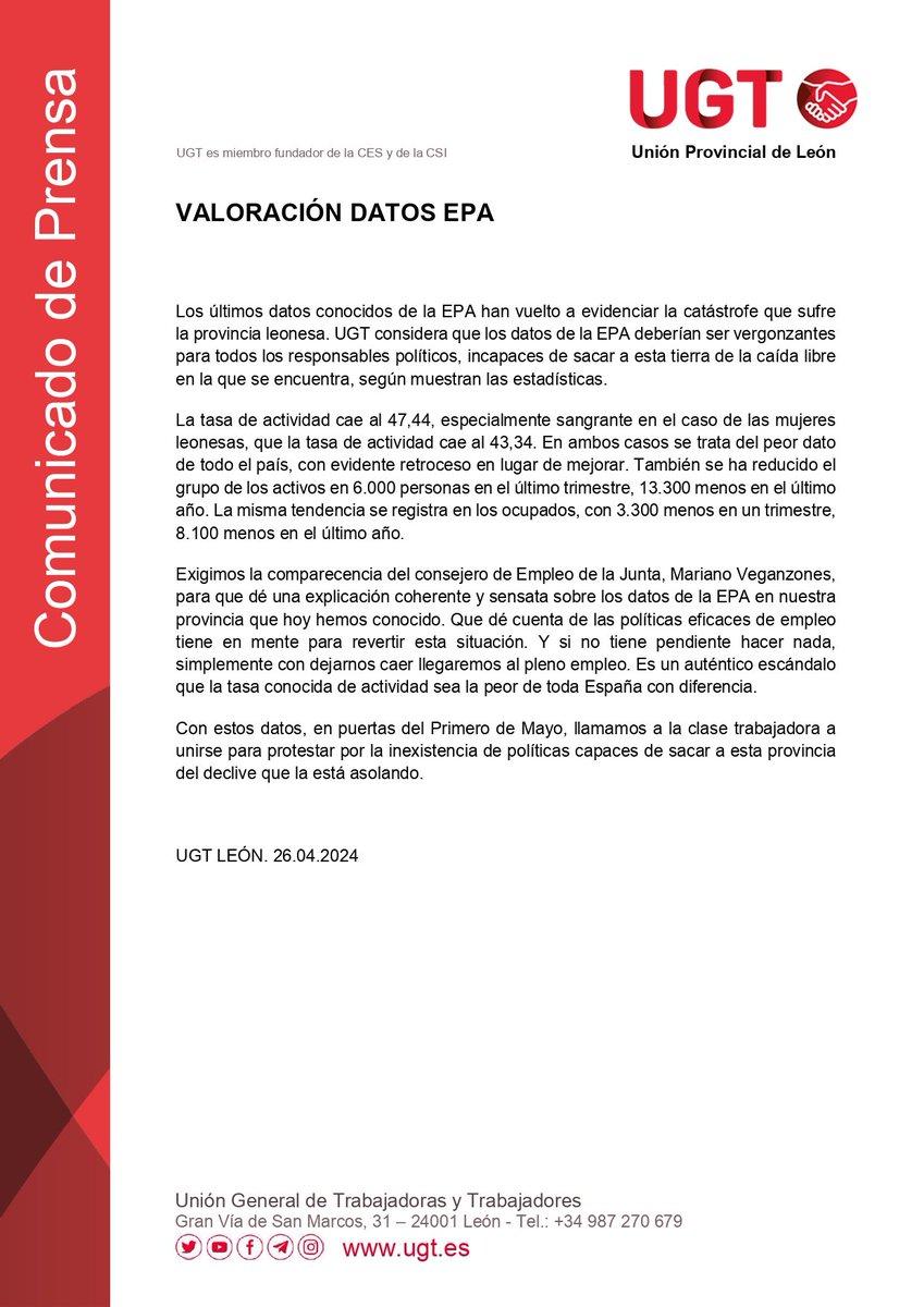 León tiene la peor tasa de actividad de España, el 47.44%. Exigimos una explicación del consejero de empleo de la Junta @marvegadiez ya que este dato debería sonrojar a todos los dirigentes políticos.