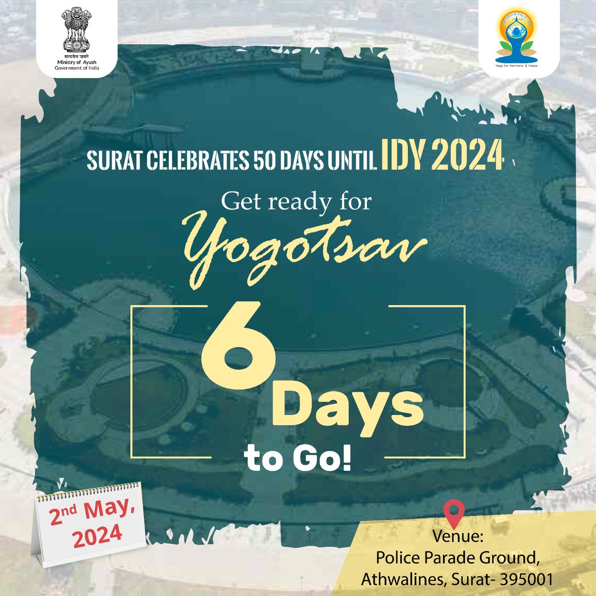 Surat is gearing up to celebrate the countdown to the #InternationalDayOfYoga with great enthusiasm! As the city marks 50 days until the big day, preparations are underway for the mega #Yogotsav. With just 6 days to go, the event promises to be a grand celebration of yoga.