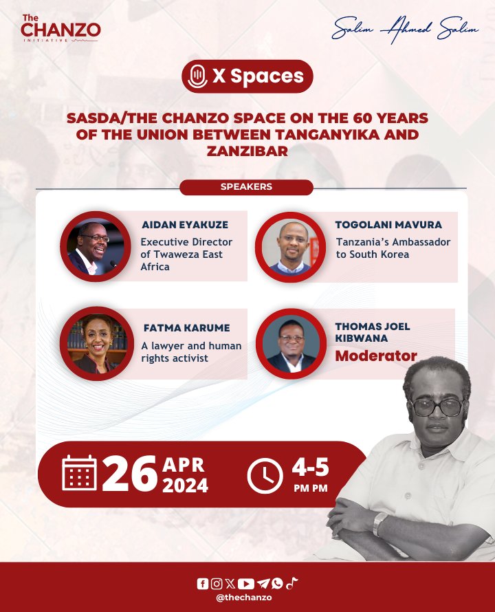 Leo jitahidi upate hata muda kusikiliza mijadala mbalimbali kuhusu Muungano wa Tanganyika na Zanzibar ili uweze kujifunza mengi kuhusu tukio hili la kihistoria. Saa Kumi za jioni kuna X Space @TheChanzo Usisahau kujiunga👇 x.com/i/spaces/1Mnxn… @DrSalimArchive USIKOSE!