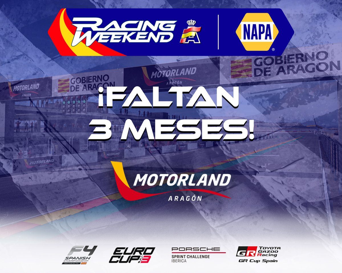 El 27 y 28 de julio os esperamos en @AragonMotorLand para celebrar nuestro primer #NAPARacingWeekend de la temporada 🙌

#EnLaCuentaAtrás #RFEDA #F4Spain #Eurocup3 #PSCI #GRCupSpain