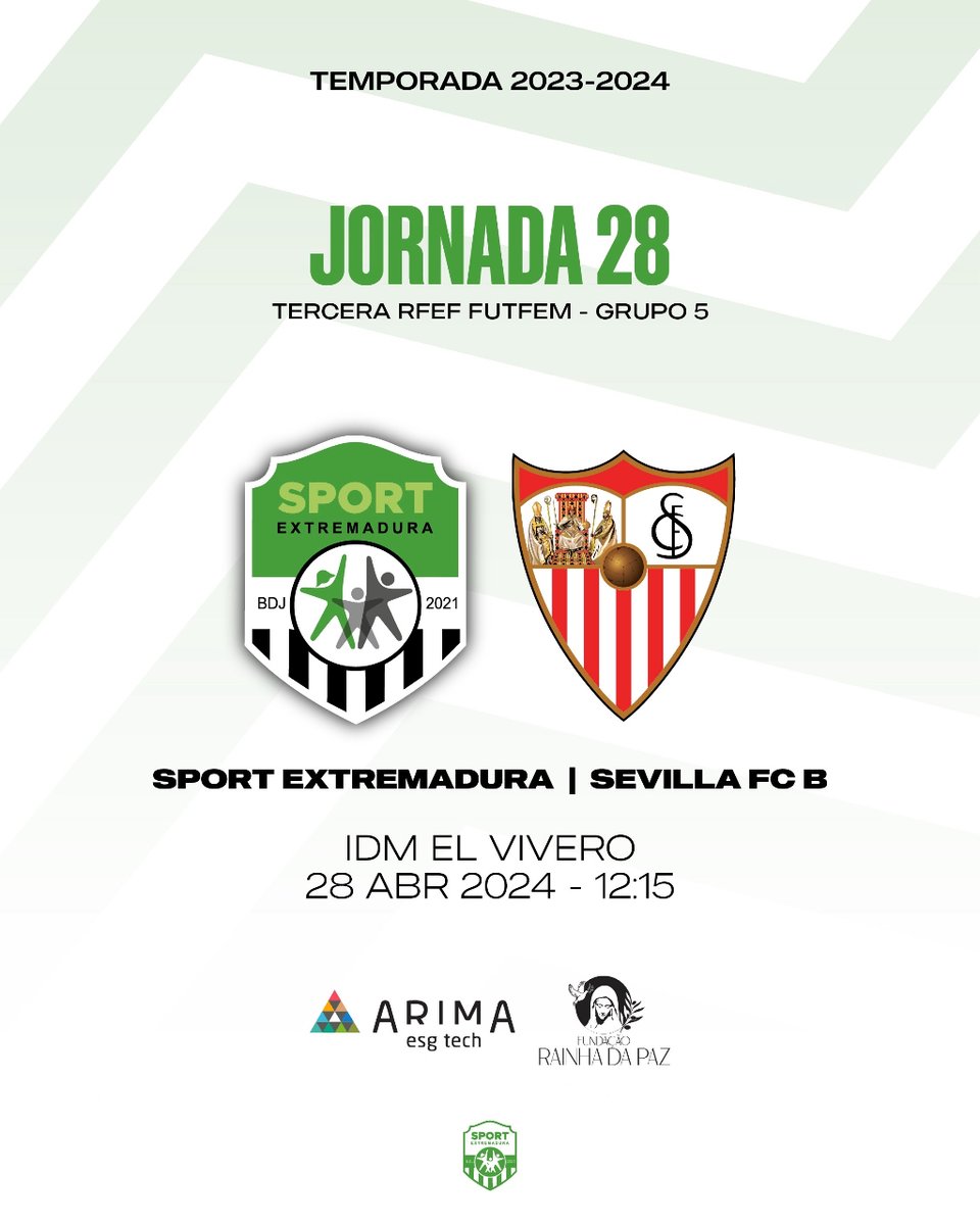 ⚽️ 𝗝𝗢𝗥𝗡𝗔𝗗𝗔 2️⃣8️⃣
🏟𝘛𝘦𝘳𝘤𝘦𝘳𝘢 𝘙𝘍𝘌𝘍 𝘍𝘶𝘵𝘍𝘦𝘮 - 𝘎𝘳𝘶𝘱𝘰 5

🆚 Sevilla FC B
📆 Domingo 28 de abril
🕛 12:15 horas
📍 IDM El Vivero

#SportSevillaB #SportExtremadura #YoSoyDelSPORT #MareaVerdinegra