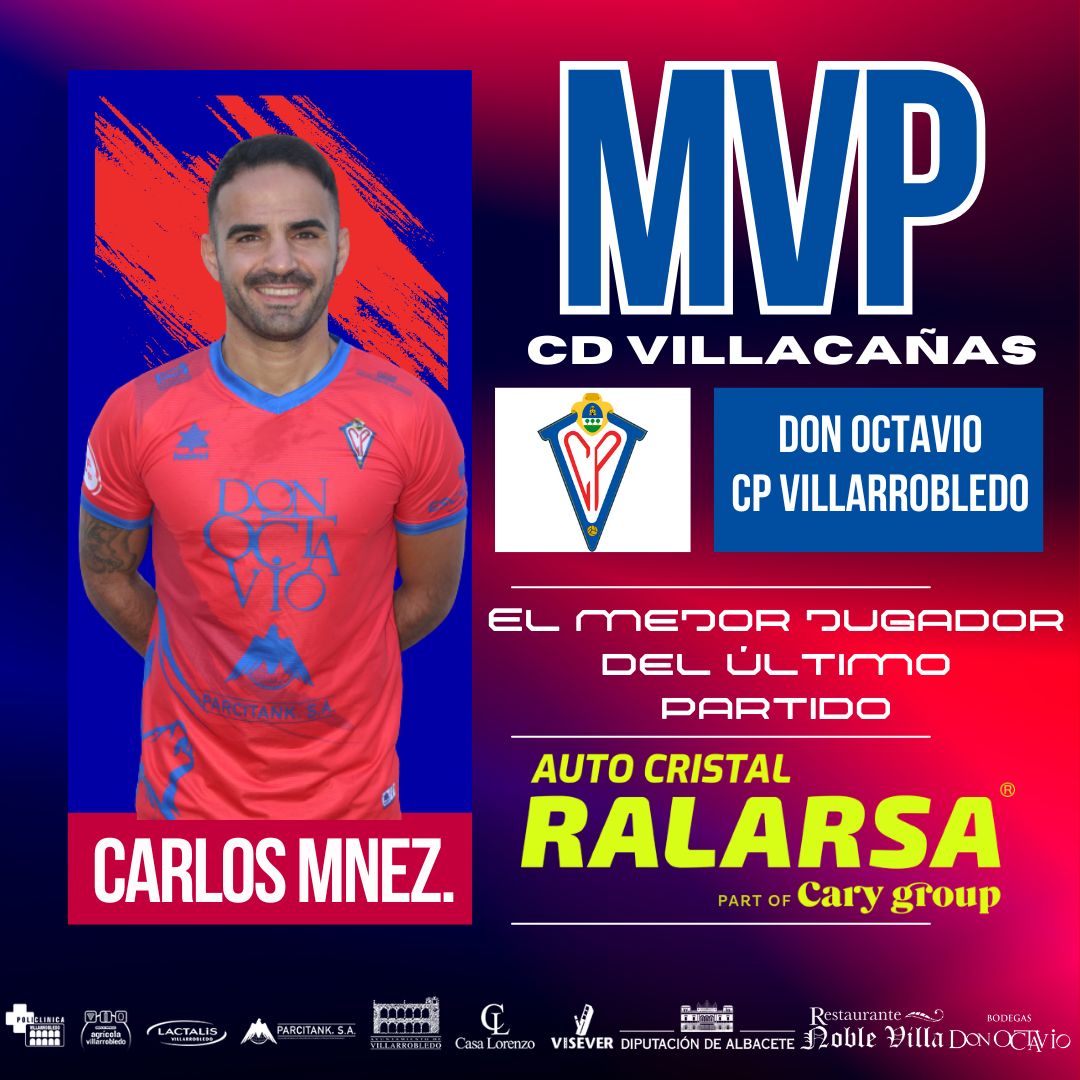 𝗠𝗩𝗣. 𝗣𝗢𝗥 𝗥𝗔𝗟𝗔𝗥𝗦𝗔 🗳️ Los AFICIONADOS decidían que Carlos Martínez sea elegido como el mejor jugador del partido ante el CD Villacañas con el 49,9% de los votos. Tras él han quedado Farisato con el 29,5%, Fran Minaya con el 19,2 y Jojo con el 6,4. ¡Enhorabuena! ❤️💙