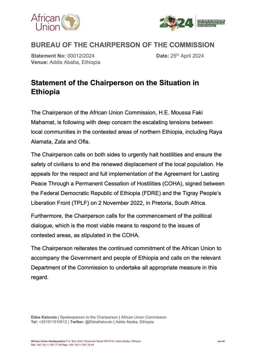 Statement of the Chairperson of the African Union Commission on the situation in Ethiopia : ow.ly/IQ1C50RoS6f