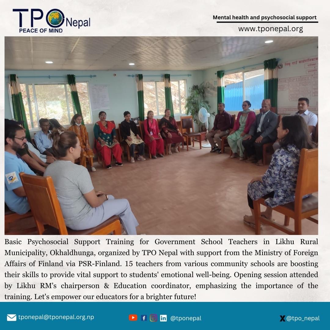 tpo_nepal's tweet photo. Teachers in Likhu Rural Municipality, Okhaldhunga, are currently undergoing a Psychosocial Support Training organized by TPO Nepal and supported by PSR-Finland. 
#EmpoweringEducators #psychosocialsupport #BrighterFuture #tpo_nepal #tponepal https://t.co/85EFsOKCe8
