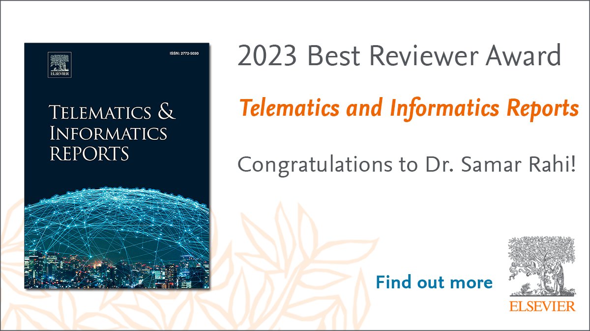 Congratulations to Dr. Samar Rahi for winning the 2023 Best #Reviewer #Award for Telematics and Informatics Reports! Also, a big thank you to all of our reviewers – your contributions to the journal are greatly appreciated. Learn more here: spkl.io/601342qic