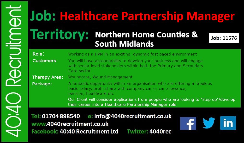 REF: 11576 HEALTHCARE PARTNERSHIP MANAGER - NORTHERN HOME COUNTIES & SOUTH MIDLANDS Details at: zurl.co/ZSXl #nhsliaison #HDM #HPM #KAM #keyaccountmanager #Reading #Oxford #Worecster #Herts #MK