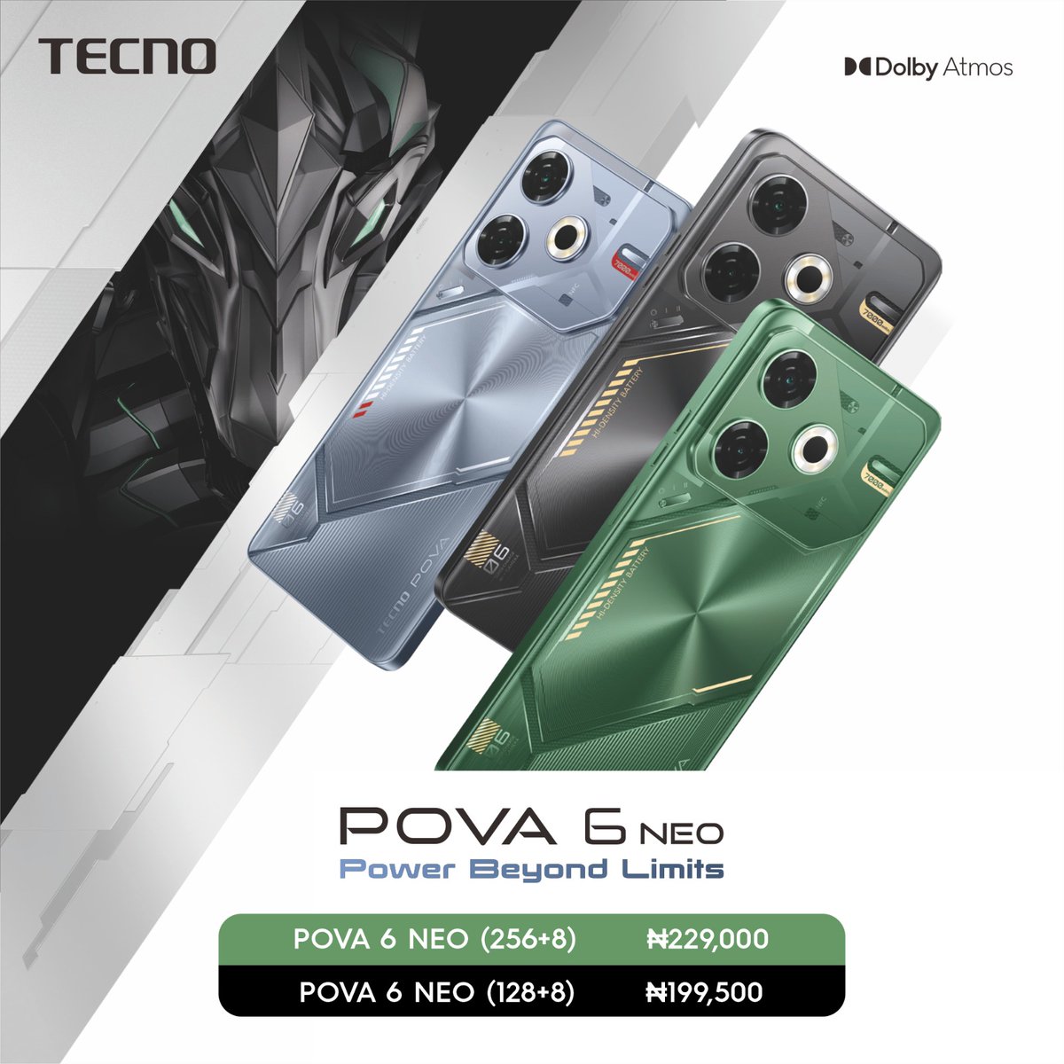 The TECNO POVA 6 NEO is available in all our stores nationwide for a RRP of NGN229,000 (256 +8) and NGN199,500 (128 +8) 

To see stores near you, click here: tecno-mobile.com/nga/store

#POVA6Neo #TECNOPova6Neo #PowerBeyondLimits