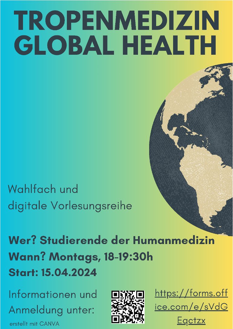 Liebe #MedTwitter,
Unsere digitale Vorlesungsreihe '#Tropenmedizin und #GlobalHealth' im Sommersemester 2024 hat begonnen. Am 06.05. erwarten euch zwei spannende Vorträge zur #GlobalSurgery, präsentiert von der @GlobalSurgeryDE. Nutzt diese Gelegenheit!