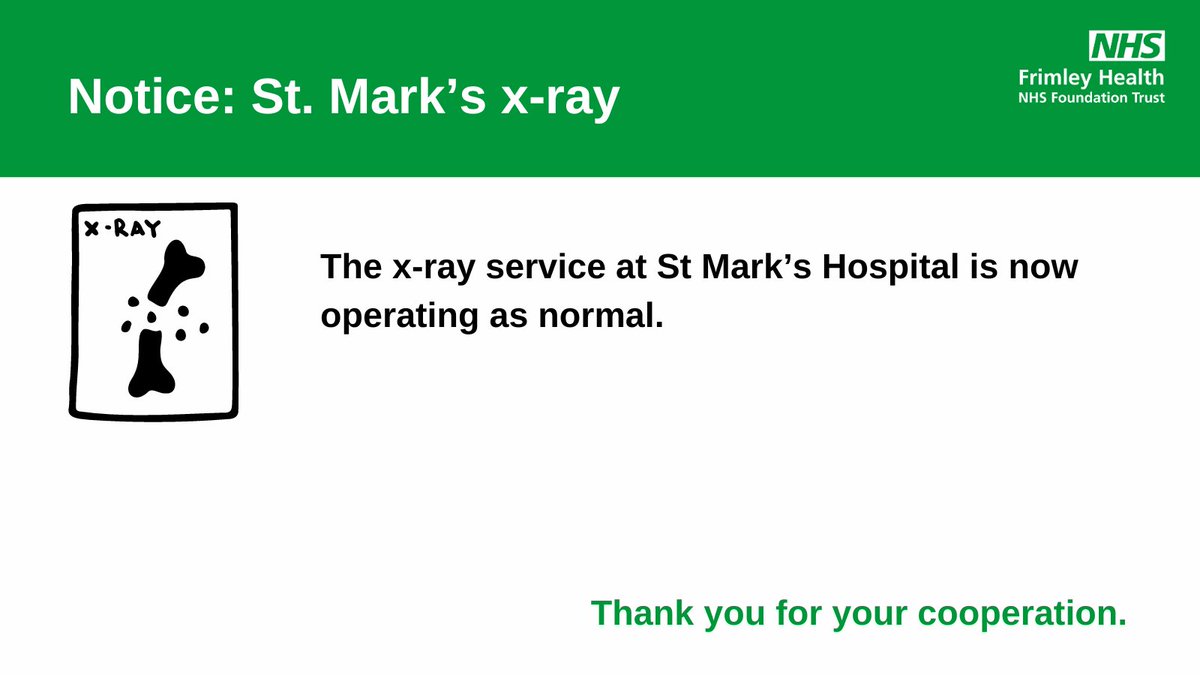 ⚠️ Notice: St Mark's x-ray service has resumed. For more information on opening times: fhft.nhs.uk/services/radio…