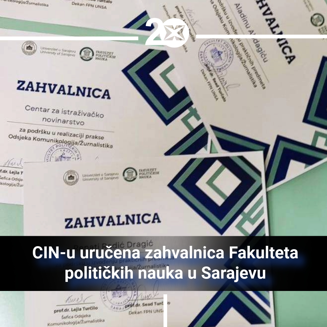 CIN-u je uručena zahvalnica @FPNUNSA za podršku u realizaciji prakse Odsjeka Komunikologija/Žurnalistika. Zahvalnice su dobili i Aladin Abdagić, glavni i odgovorni urednik i Renata Radić-Dragić, novinarka CIN-a za podršku u izvođenju praktičnih predmeta na odsjeku.