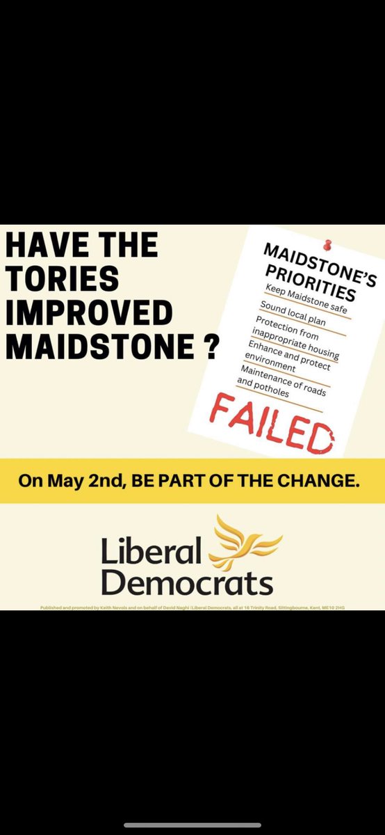 David Naghi 🟠 (@cllrdavidnaghi) on Twitter photo The Tories have failed Maidstone ❌
#Maidstone has had enough of the decline, and it’s time for our once great town to be revitalised.
We have a plan ✅
Together, let’s make Maidstone better.
Be part of the change, vote <a href="/MaidstoneLibDem/">Maidstone Lib Dems</a> on May 2nd 🖤💛 The Tories have failed Maidstone ❌
#Maidstone has had enough of the decline, and it’s time for our once great town to be revitalised.
We have a plan ✅
Together, let’s make Maidstone better.
Be part of the change, vote <a href="/MaidstoneLibDem/">Maidstone Lib Dems</a> on May 2nd 🖤💛