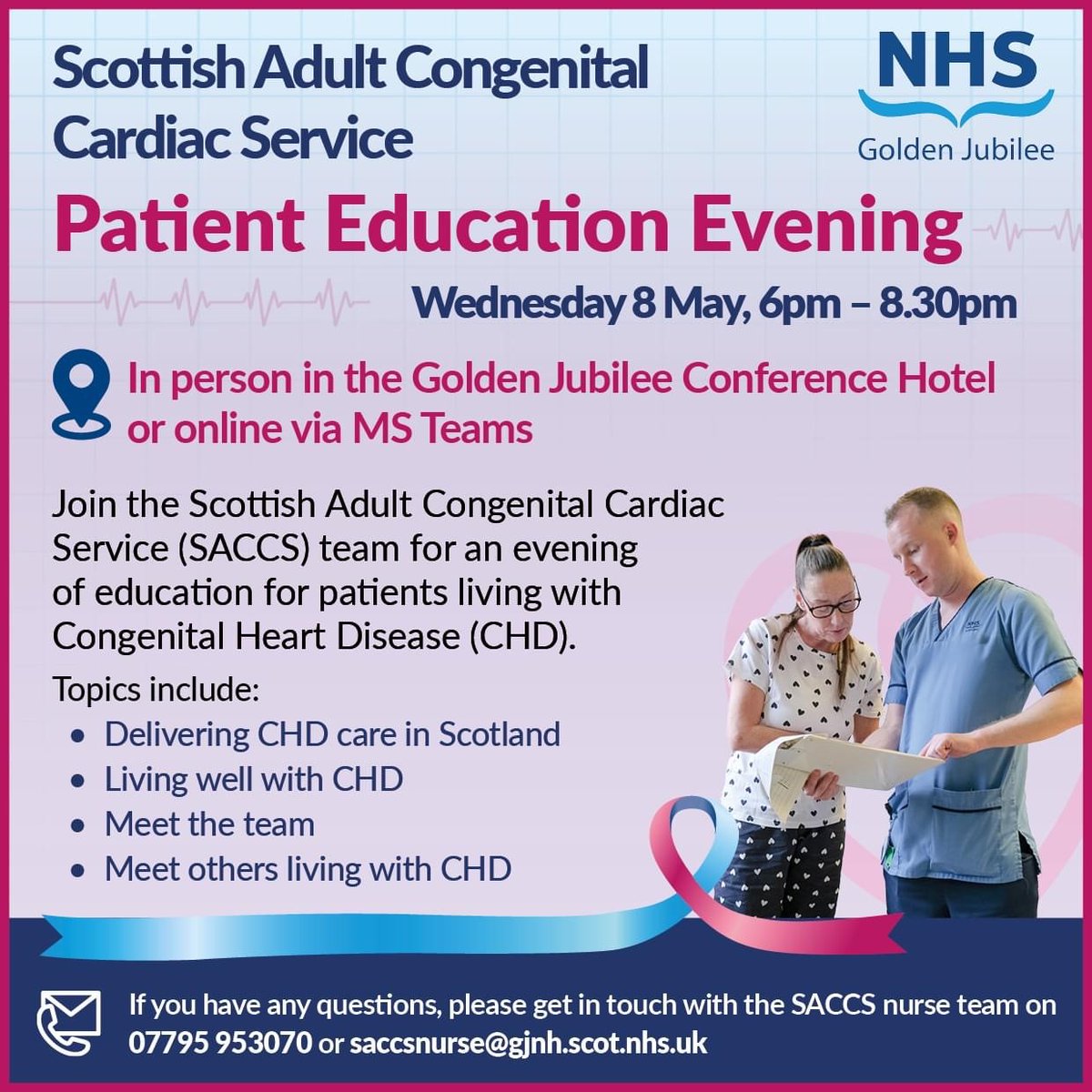 ❤️Our Scottish Adult Congenital Cardiac Service #SACCS team is hosting an education evening in on Wednesday 8 May for patients living with congenital heart disease. Register your place at eventbrite.co.uk/.../scottish-a…... Email 👉saccsnurse@gjnh.scot.nhs.uk for more info