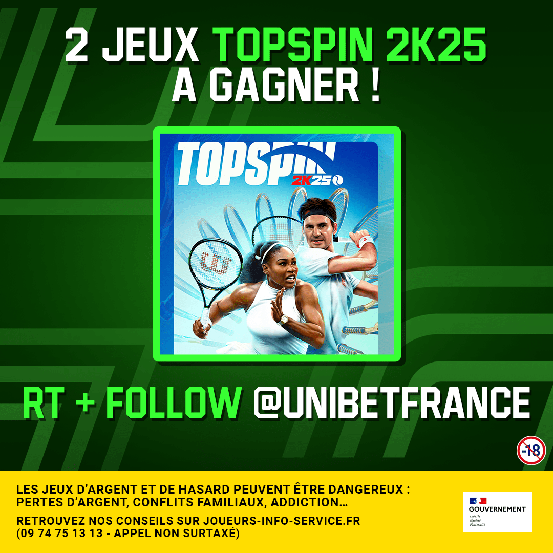 UnibetFrance's tweet image. 🎾 Envie de taper la balle ? On te fait gagner 2 #TopSpin2K25 sur la plateforme de ton choix 🎮

👉 RT + Follow @UnibetFrance pour participer.