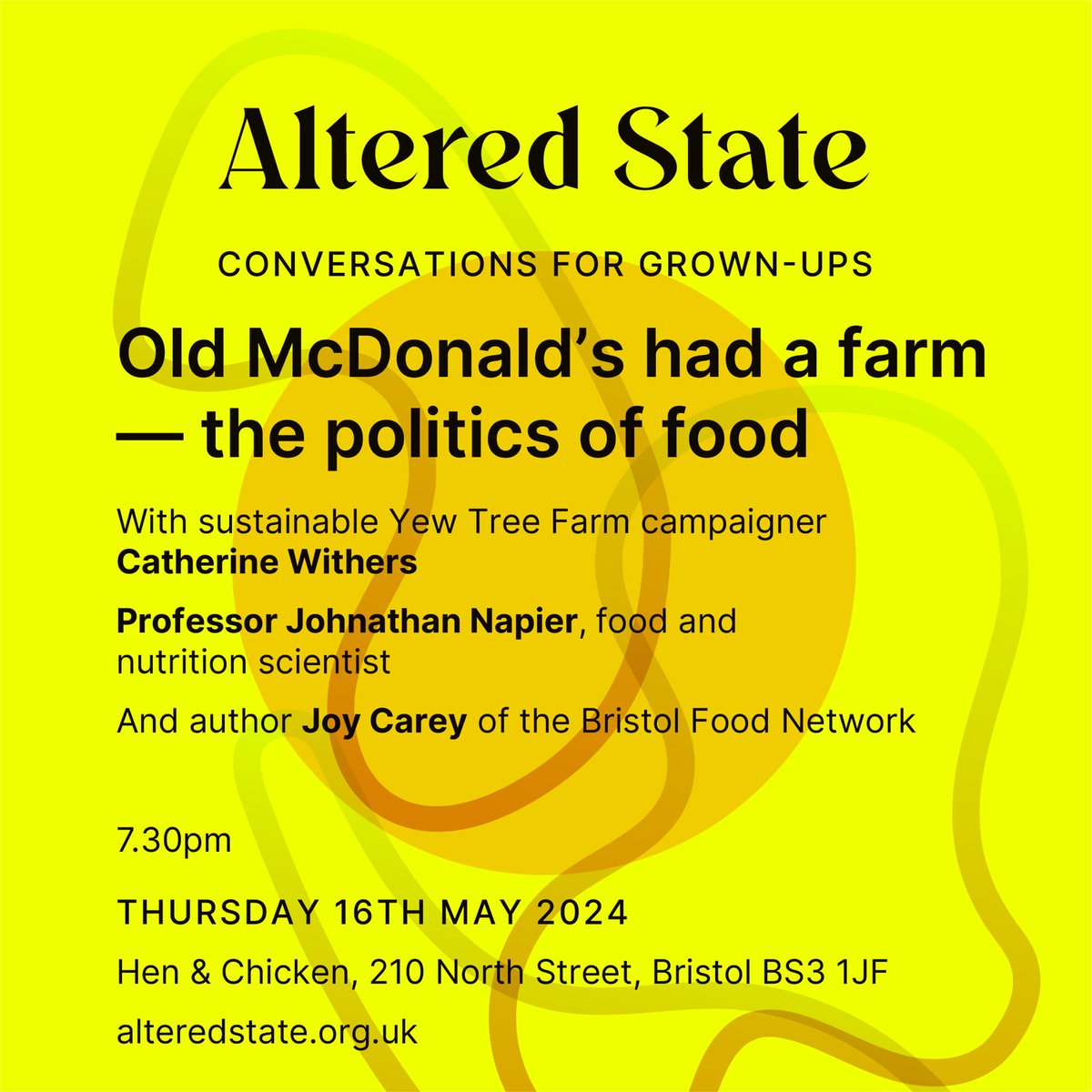 Last day today for early bird tickets for OLD McDONALD'S HAD A FARM - THE POLITICS OF FOOD 

Link headfirstbristol.co.uk/whats-on/hen-c…

#talks #bristol #bristoltalks #southville #bedminster #bs3 #food #politicsoffood #foodsupply #sustainability #climate #diet #obesity #nhs #alteredstate