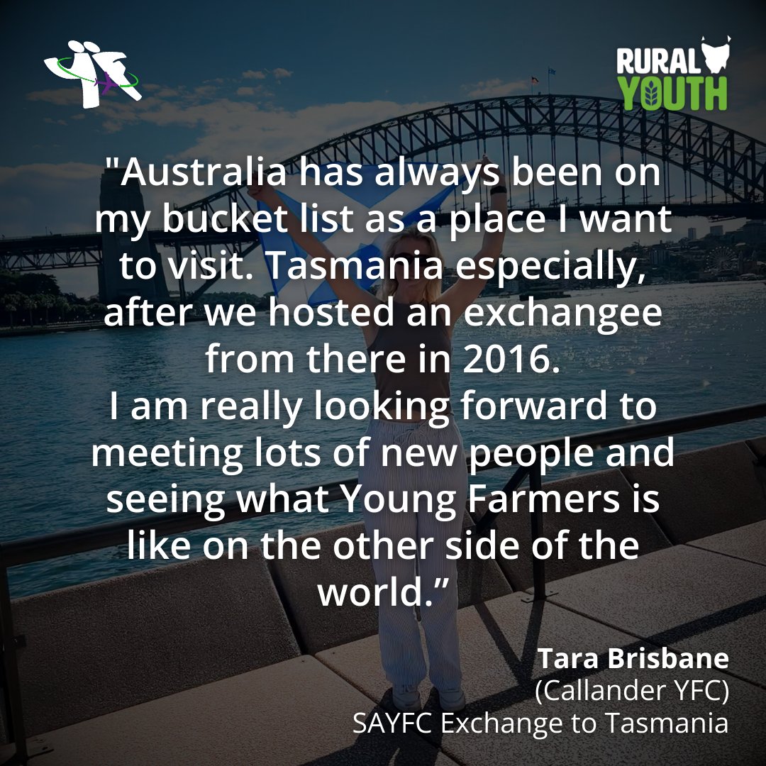 And She's Off! ✈️ Good Luck to our first Exchangee of the year, Tara Brisbane from Callander and District Young Farmers Club. 🙌 Tomorrow, Tara flies from Sydney to Launceston to kick start six weeks with our friends at Rural Youth Tasmania. 🌏 #youngfarmersis #worldwide