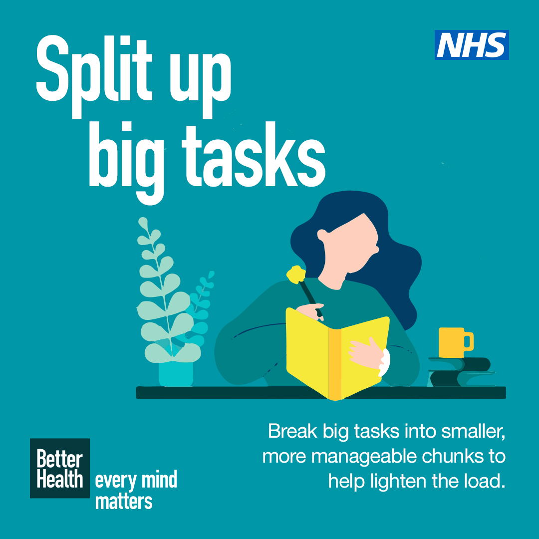 April is #StressAwarenessMonth. If a task seems overwhelming and difficult to start, try breaking it down into smaller, more manageable chunks to help lighten the load. For more help dealing with stress, visit: orlo.uk/Bdf7f #EveryMindMatters #TalkingTherapies #Devon