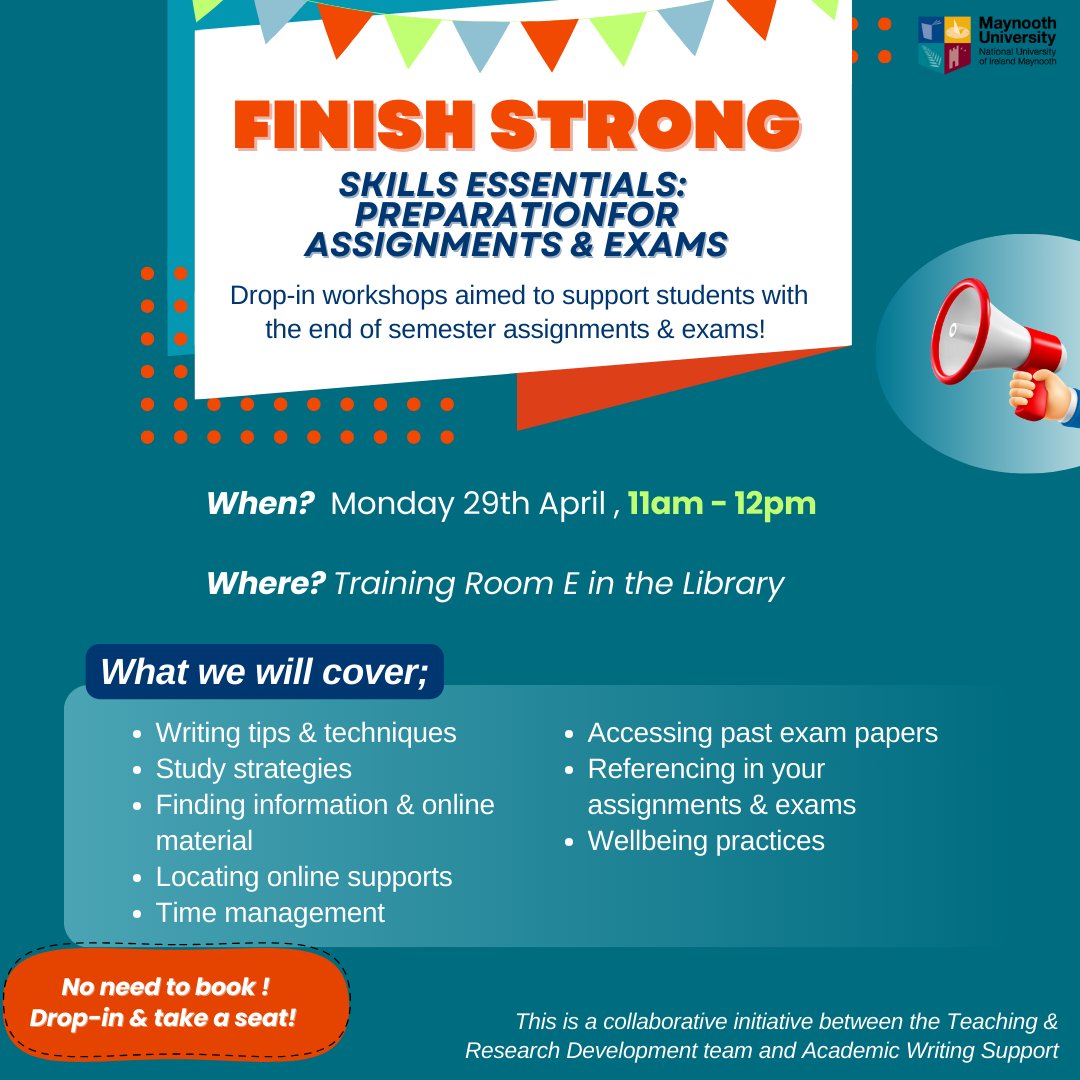 Do you need some last-minute tips to help you with your end-of-semester assignments and exams? Pop along to our drop-in workshop. For more information see- bit.ly/3VLSlc1 #FinishStrong