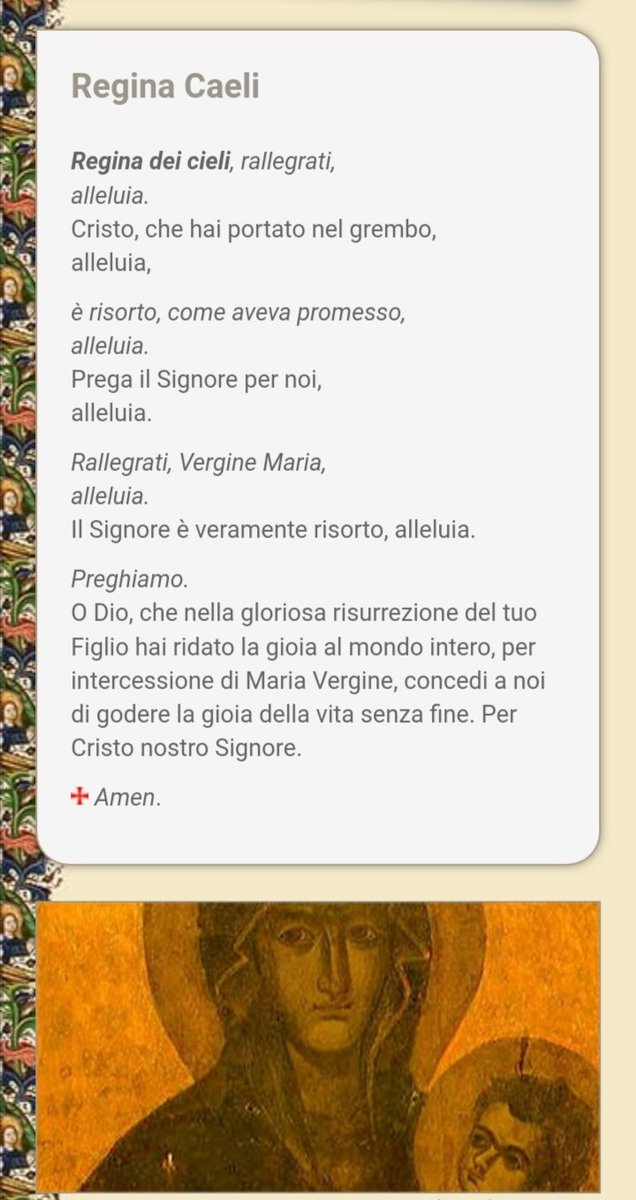 cordismei's tweet photo. 🪔 Regína caeli, laetáre,
allelúia! 
Quia quem merúisti portáre,
allelúia.
Resurréxit, sicut dixit,
allelúia! 

https://t.co/NyErE6ZrlI

#Buongiorno #Pasqua #Easter #BuongiornoATutti #ReginaCaeli #buonasera
#26aprile #April26 #26Avril #26deAbril #26Abril #26Apr https://t.co/lFUHLVjP6X