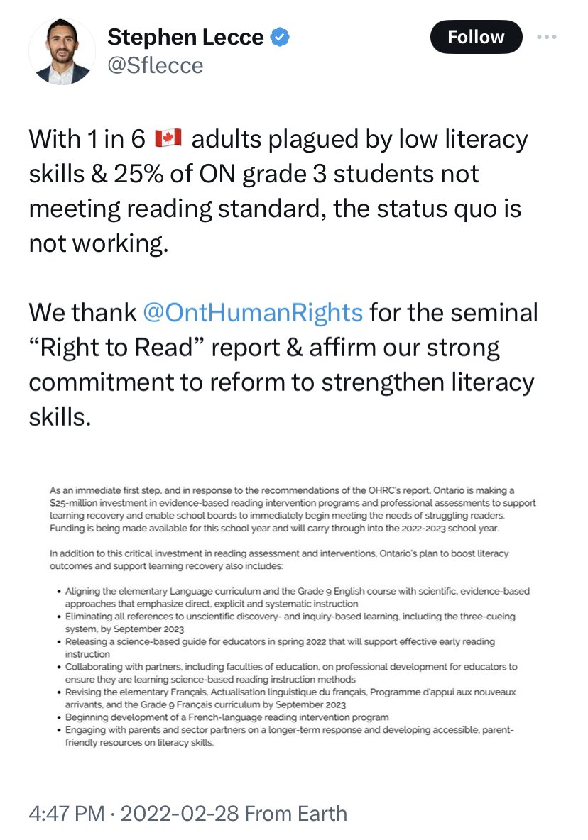 It’s been 788 days (2+ years, @fordnation) since @Sflecce tweeted about the Right To Read report. Ask your teacher friends or your child’s teacher what professional training or resources they’ve received to effect the recommended changes in the way literacy is taught. #OntEd