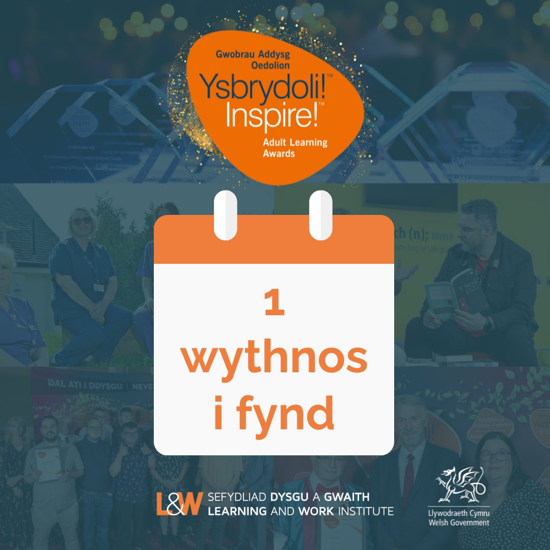 📢Mae gennych wythnos ar ôl i gyflwyno eich enwebiad ar gyfer Gwobrau Ysbrydoli! Addysg Oedolion!⌛️ Ysbrydolwch ni gyda’ch stori⤵️ 🔗sefydliaddysguagwaith.cymru/maer-hyn-a-wna… 📩Os oes gennych gwestiwn am enwebiadau, e-bostiwch inspire@learningandwork.org.uk neu anfon DM atom. #YsbrydoliCymru24