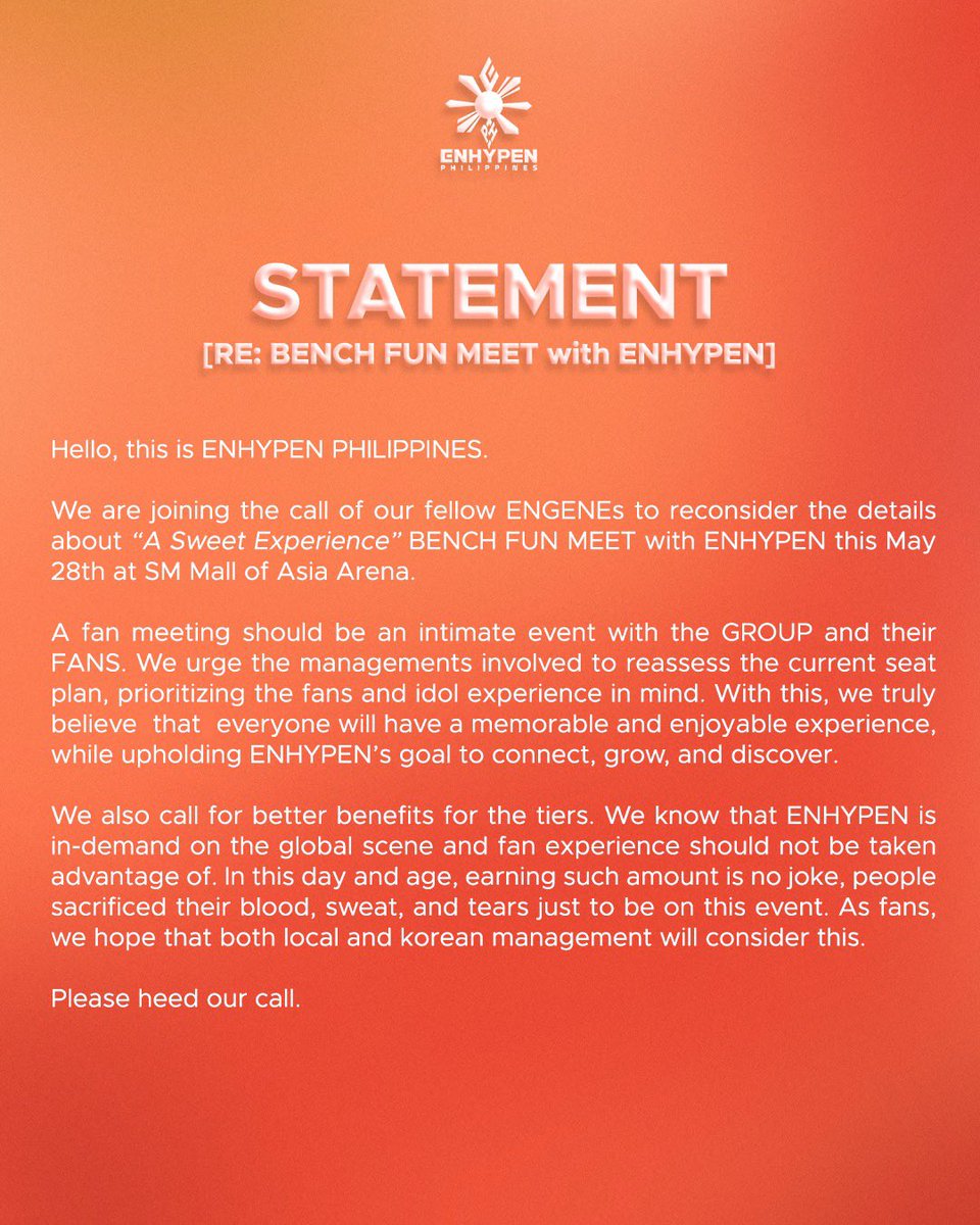 [ STATEMENT ] “A SWEET EXPERIENCE” BENCH FUN MEET with ENHYPEN Heed our call and prioritize the fans. We hope the managements involved reconsider the details. #Always_Together ENHYPEN PHILIPPINES