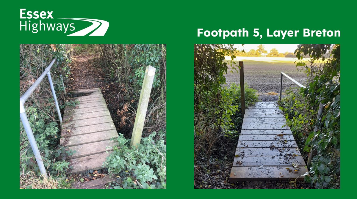 Happy #FootbridgeFriday! We were recently on Footpath 5, Layer Breton to replace this damaged bridge deck. We reused the existing handrail and reset the waymaker post. If you would like to explore one of our PRoW routes, check out the interactive map bit.ly/2WsOdw5
