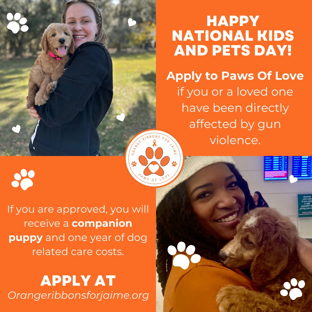 Happy National Kids & Pets Day! Because of the generous contributions we have received, we are about to donate puppy #7 to individuals who were affected by gun violence! Visit orangeribbonsforjaime.org to apply for our Paws Of Love program.