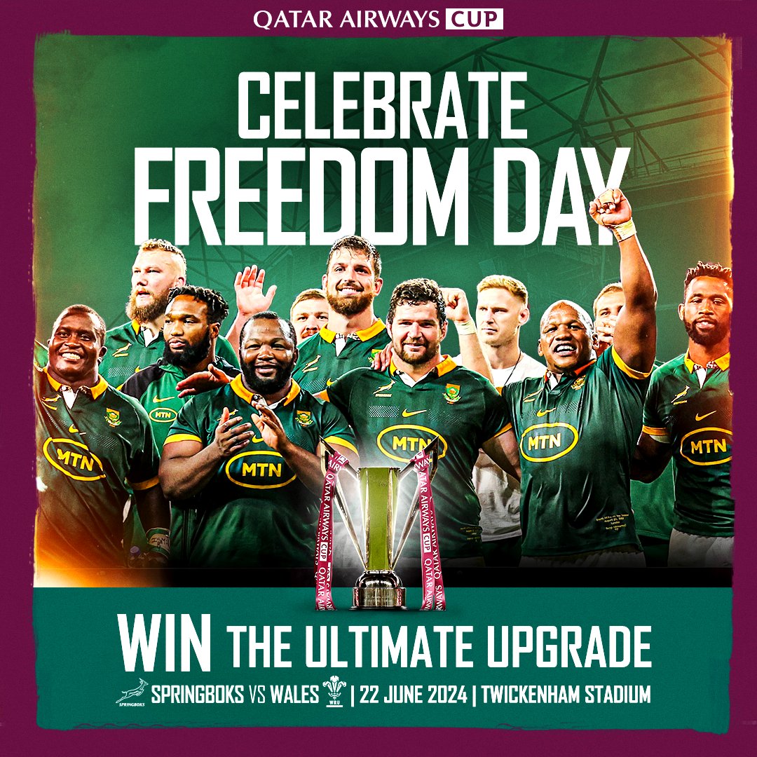 Celebrate Freedom Day and experience the Ultimate Upgrade🇿🇦
Buy tickets for the Qatar Airways Cup clash between the #Springboks and Wales in June, and you could be upgraded to premium seats right behind the team🤩
Don't miss out, grab your tickets now: bit.ly/49WMdB8 🎟