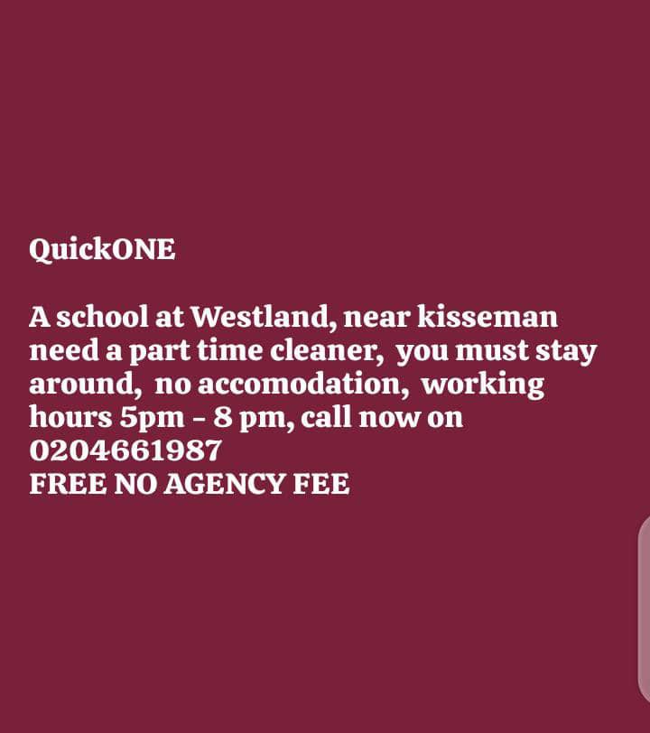 Cleaner Needed 

Location: Westland near Kisseman
