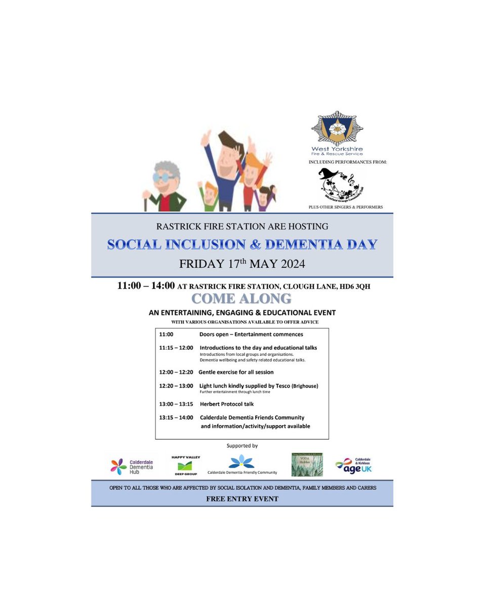 Rastrick Fire Station are hosting a Social Inclusion & Dementia Day on Friday 17th May This is an entertaining, engaging & educational event with various organisations there to offer advice #RastrickFireStation #SocialInclusion #DementiaSupport #StayingWell #WitchfieldGrange