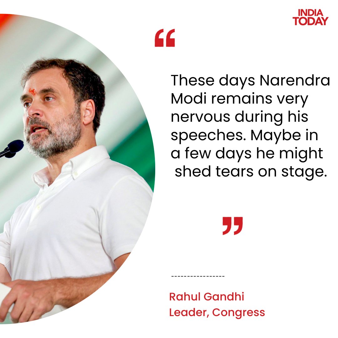 Congress leader Rahul Gandhi on Friday alleged that Narendra Modi appeared 'very nervous' during his speeches these days and might even cry on stage.

Addressing a rally in Karnataka's Bijapur, Rahul Gandhi said, 'These days Narendra Modi remains very nervous during his speeches.…