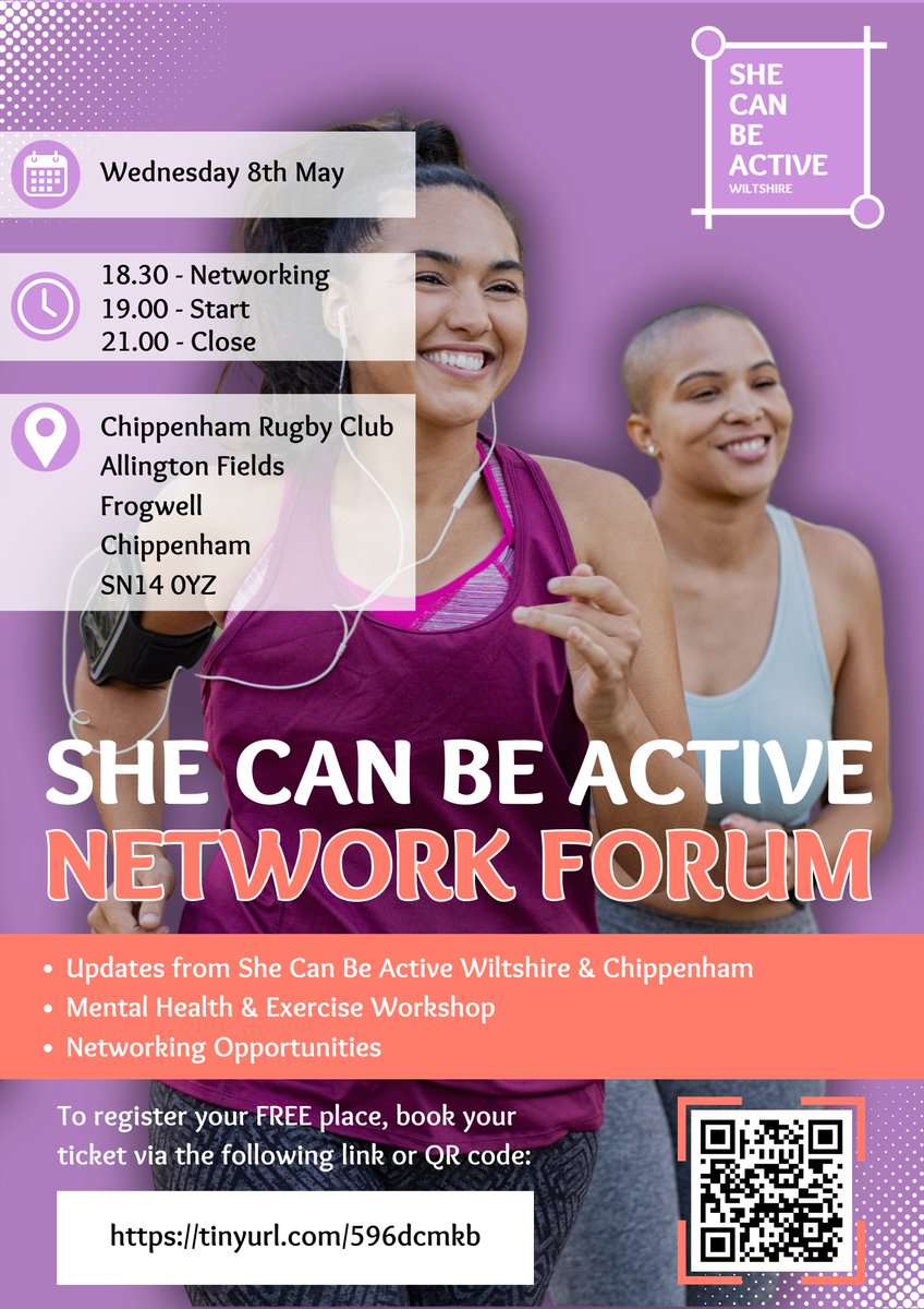 We are excited to announce our next She Can Be Active Network Forum! Secure your FREE ticket by following the below link or through the QR code as shown on the graphic. We can't wait to welcome you there! Book your place here: tinyurl.com/596dcmkb @Sport4Wiltshire