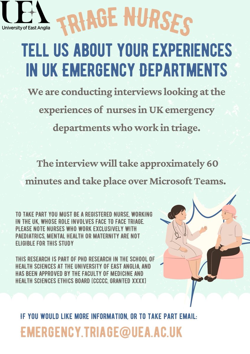 We are conducting interviews exploring the experiences of nurses performing triage in UK emergency departments. If you would like more details, email emergency.triage@uea.ac.uk @UEA_Health @rcnecforum