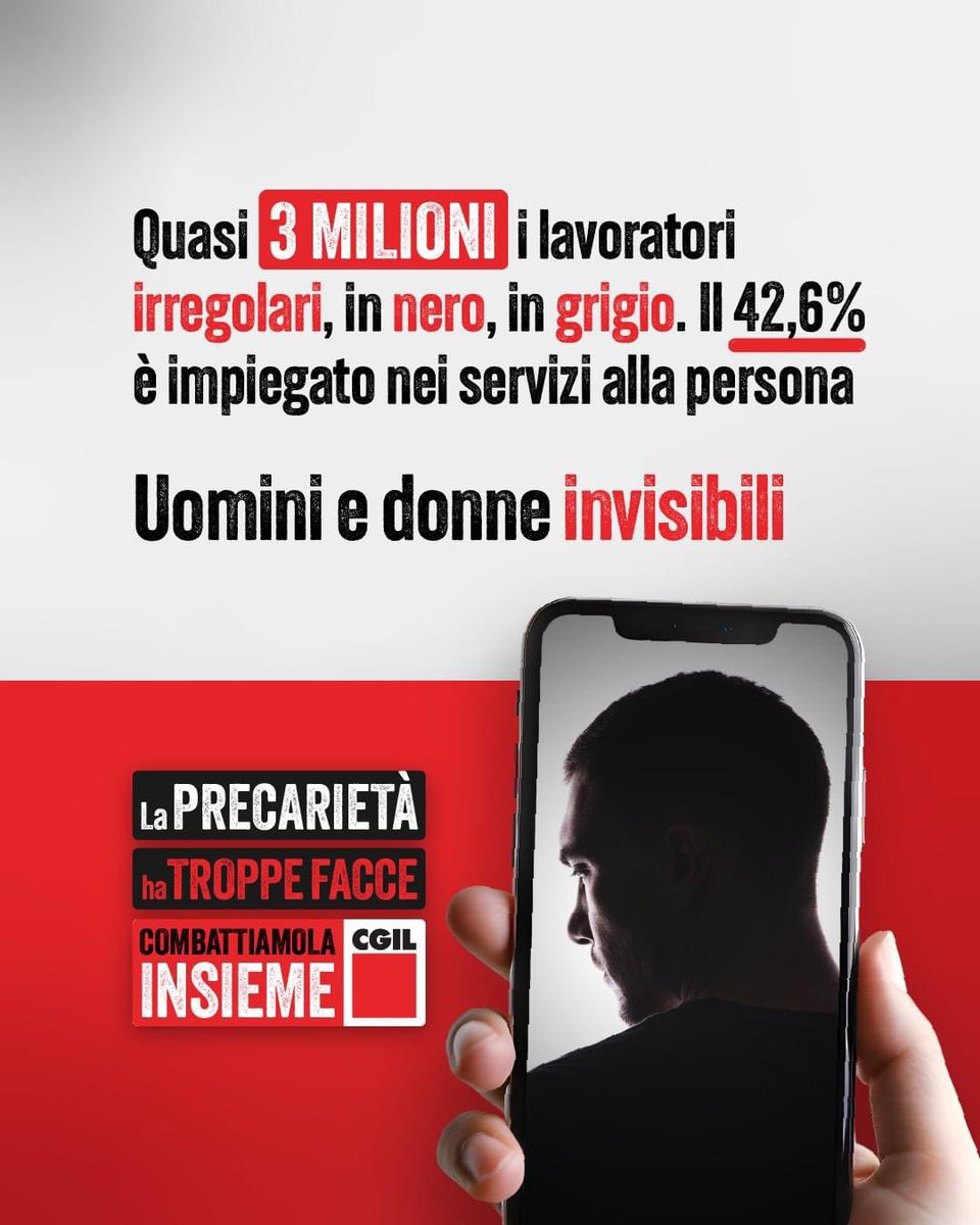 Il tasso di irregolarità nel nostro Paese è del 12,7%: su 100 lavoratori, quasi 13 sono in nero o in grigio. Il numero è in crescita. Tante le forme di irregolarità che rendono precari lavoro e vita #laprecarietàhatroppefacce, combattiamola insieme! ▶️ tinyurl.com/3y85ujm3