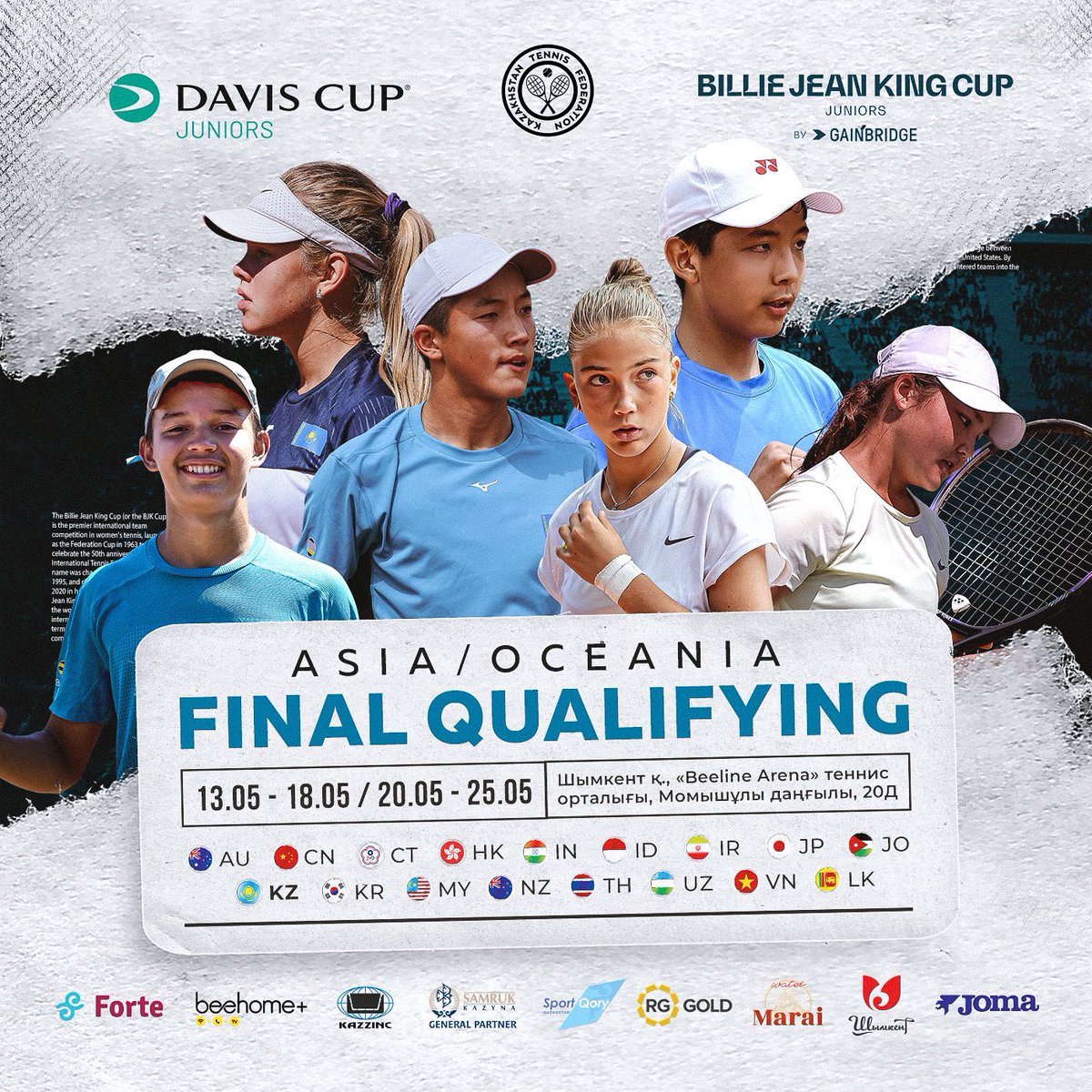 🔜 13 - 25 мамыр аралығында Шымкентте Asia/Oceania final Qualifying Junior Davis Cup және Juniors Billie Jean King Cup іріктеу турнирлері өтеді. Жарысқа 16 жасқа дейінгі Азия/Океания аймағының ең мықты жасөспірімдері қатысады 🌍 #DavisCup • #BJKCup