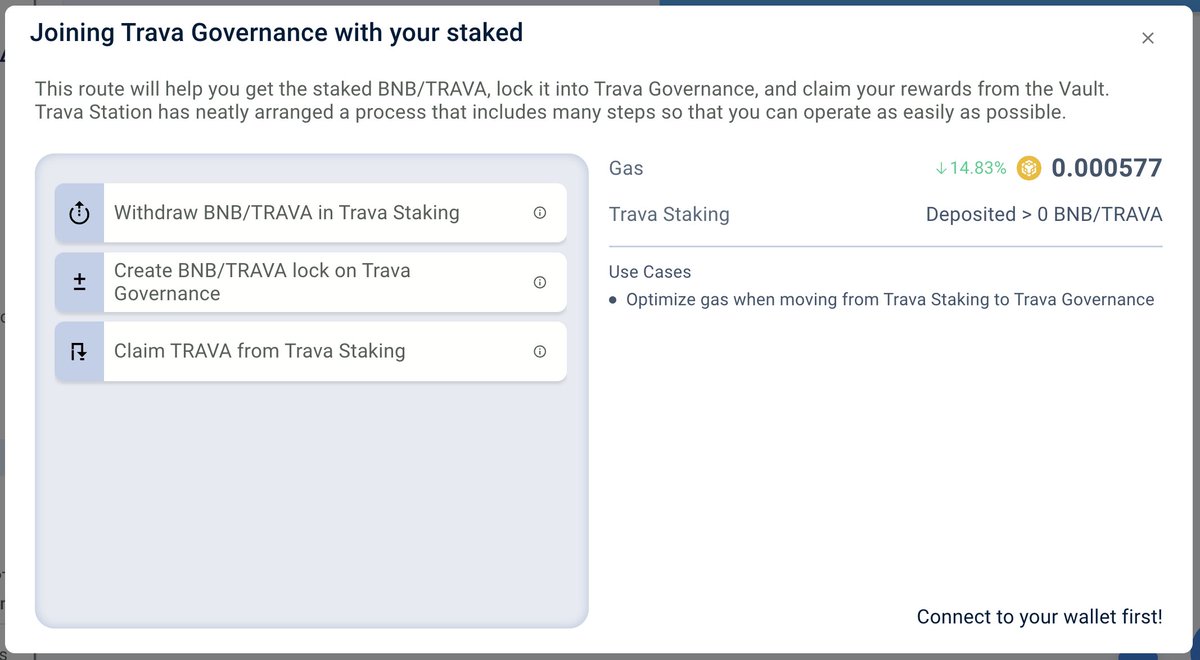 🚉 [#TRAVA STATION TRAMLINES DISCOVERY] JOINING GOVERNANCE W/ YOUR STAKED #ASSETS 🚉 👉 app.trava.finance/station/tramli… 💰 This Route reduces gas fees by 14.83%, combining the following steps 👍 1️⃣Get the staked BNB/TRAVA 2️⃣Lock into Trava #Governance 3️⃣Claim your rewards from #Vault