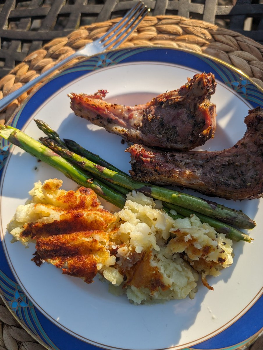 Home grown BBQs. Shetland mutton chops ,- it has to be mutton for the best  flavour.  First crop asparagus, garden mint, no new Tatties yet, but I'll make do with my fishmongers as I know theprovenance!
#Homegrow  #seasonalveg #growyourown  #organic 
#careforyourself