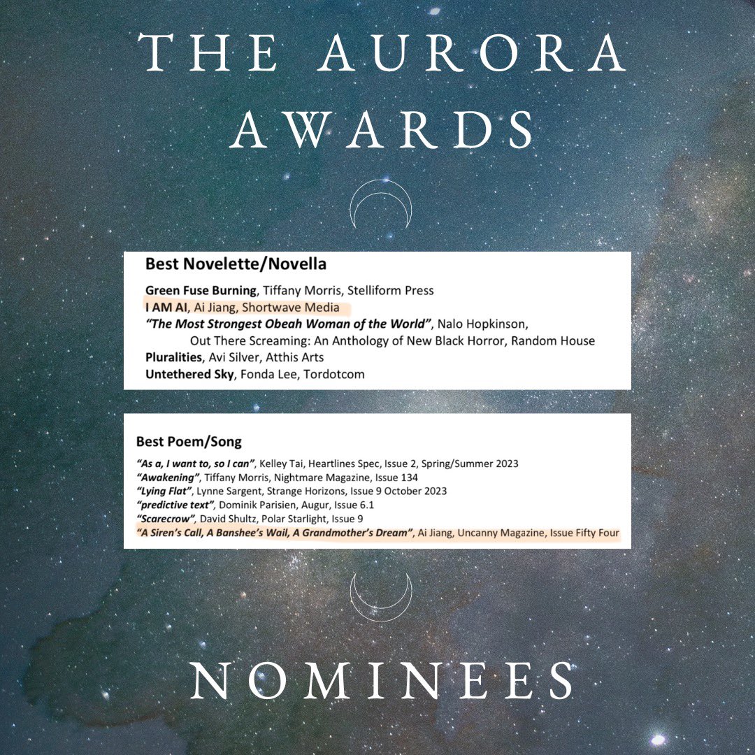 What a wild time it’s been. With the two Aurora Awards noms this means I’ve officially received 8 award nominations across 4 different categories this year (Novella, Novelette, Poetry, Best New Writer) and I cannot even fathom this fact right now (????) 👁️👄👁️