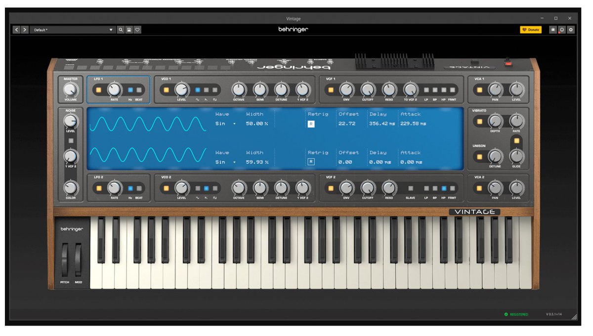 #ADSRXplugin 
無料：突然現れて消えた話題のBehringer最新ソフト音源「Behringer Vintage」が遂に正式リリース＆無償配布。メアド登録必要。ライセンスコードが届くのに時間がかかっていますので気長に。Donateは任意。AU/VST3。もらっておきましょう。tinyurl.com/mr3wfjj6