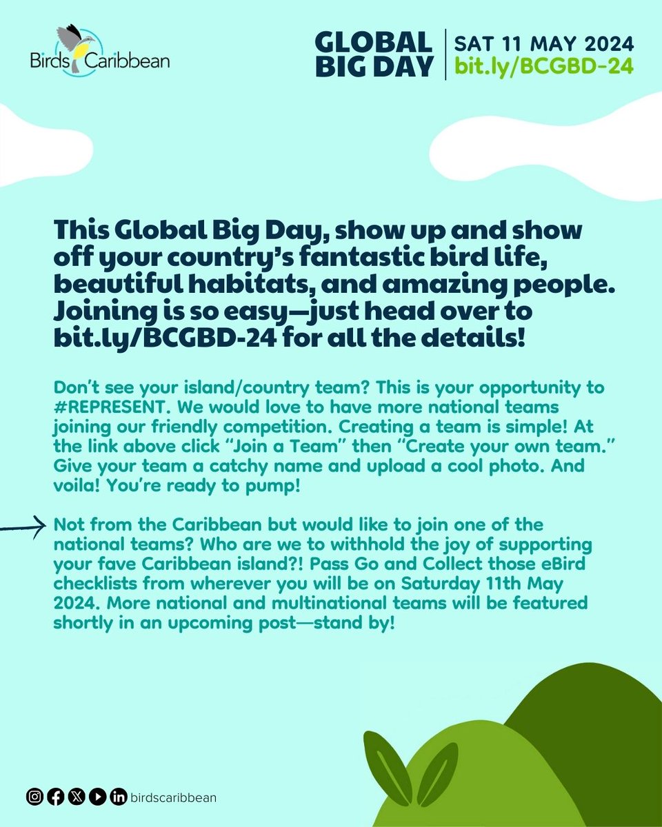 02/02 Have YOU🫵🏾 joined a team for #GlobalBigDay yet??givebutter.com/BCGBD2024 ⁠ Birders throughout the Caribbean will be heading to their favorite birding spots to watch #birds for #conservation! Swipe for national teams 🙌🏽 or use link to create your own team🤩 @CornellBirds