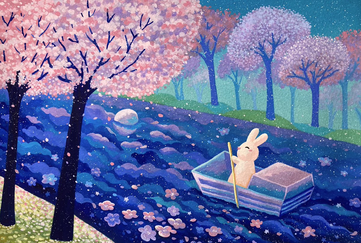 「桜の秘境春の息吹を連れてきて花の跡をたどる水に浮かぶ月を見つける行く手にはどんな」|にゅもり Nyumoriのイラスト