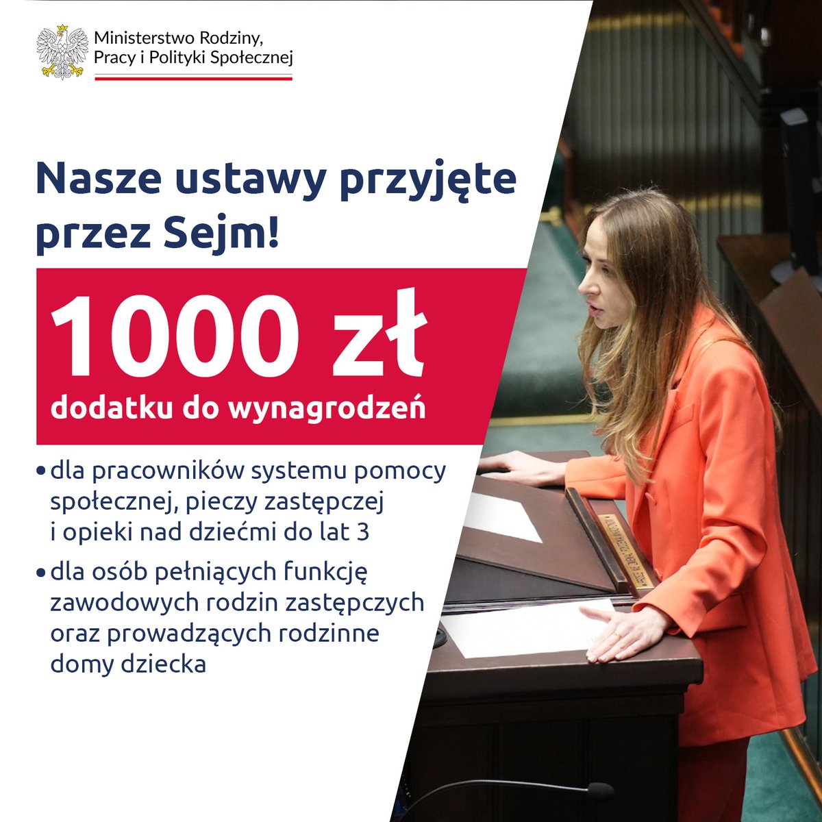 ℹ️ #Sejm przyjął dziś ustawy przygotowane przez @MRPiPS_GOV__PL pod kierownictwem Ministry @AgaBak. 👉 Ustawy zapewnią 1000 zł dodatku do wynagrodzeń: ✅pracowników systemu pomocy społecznej, pieczy zastępczej i opieki nad dziećmi do lat 3 ✅osób pełniących funkcję zawodowych…