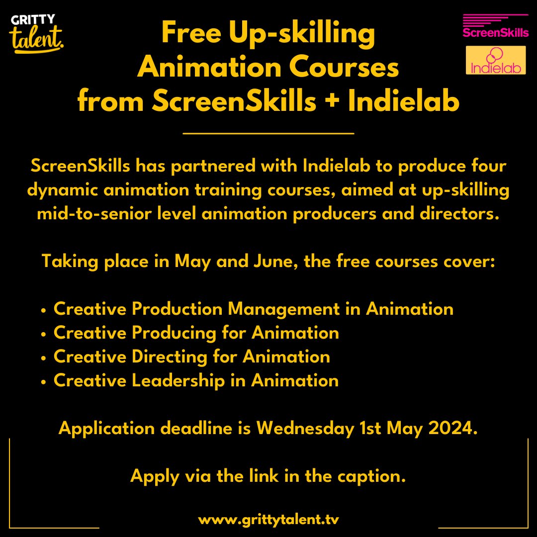 🚨 FREE UP-SKILLING TRAINING 🚨 @UKScreenSkills has partnered with @weareIndielab to produce four and dynamic animation training courses, designed to up-skill mid-to-senior level animation producers and directors. Apply here: shorturl.at/eFLO0