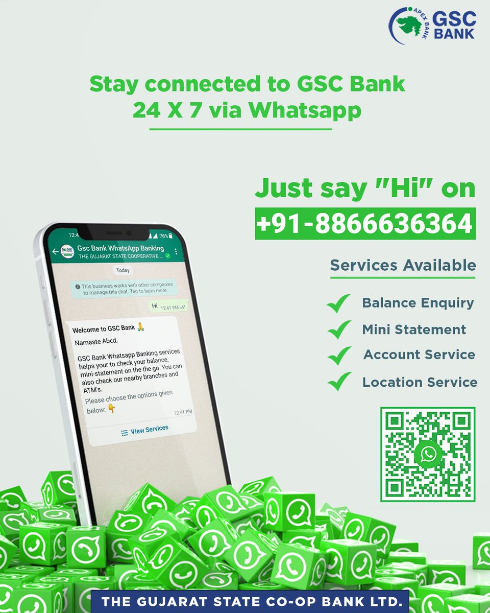 GSCBank's tweet photo. Stay connected to GSC Bank 24 X 7 via WhatsApp.
JUST SAY "Hi" on +91-8866636364 FOR A SEAMLESS BANKING EXPERIENCE.
#GSCB #WhatsApp #bankingservices #WhatsAppBanking #JustSayHi #onlinebanking #BalanceInquiry #BankingInfo #statement #interestrates #DigitalBanking https://t.co/0yyckzJfRQ
